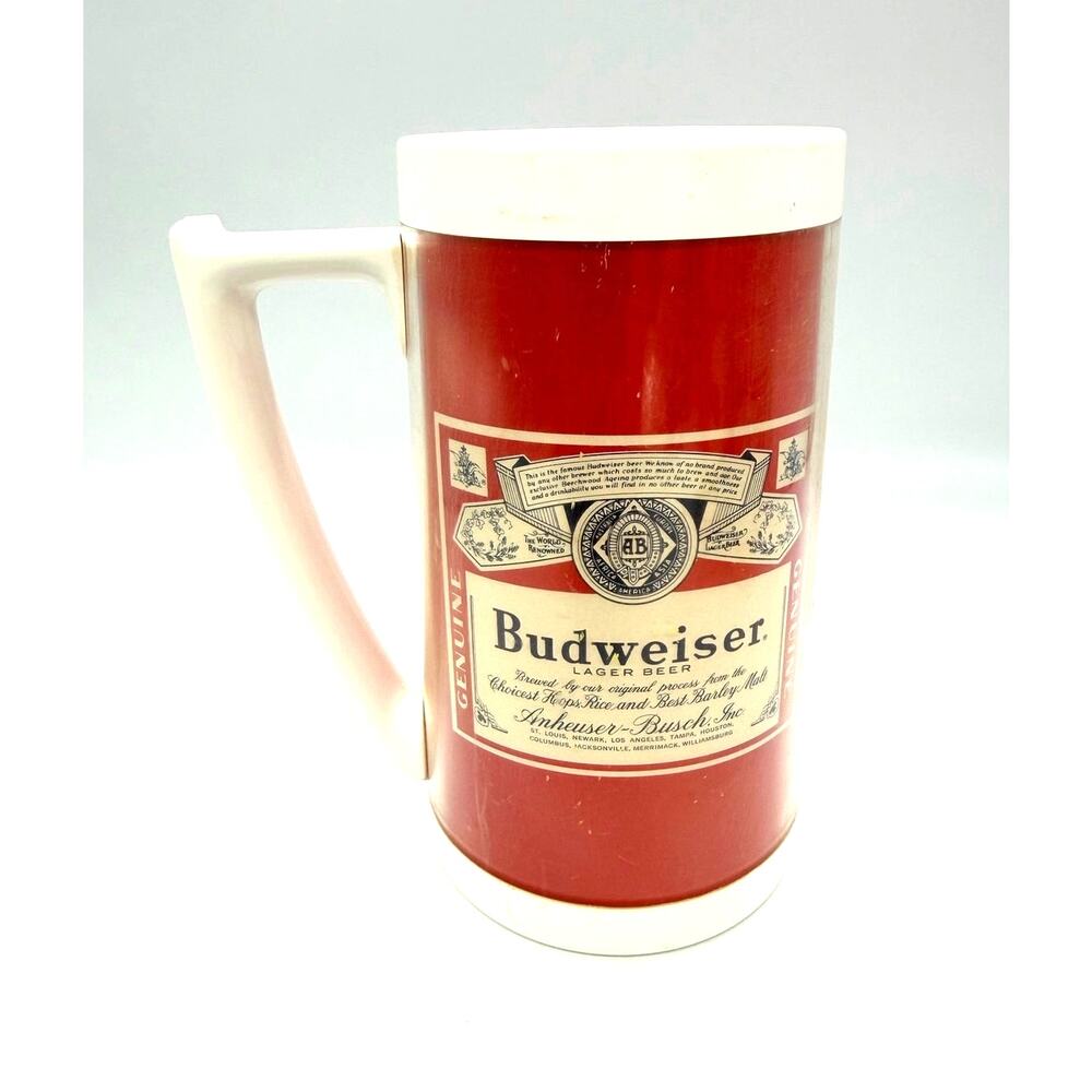 Vintage Thermo-Serv Red Budweiser Insulated Plastic Beer Mug / Stein 6.25"